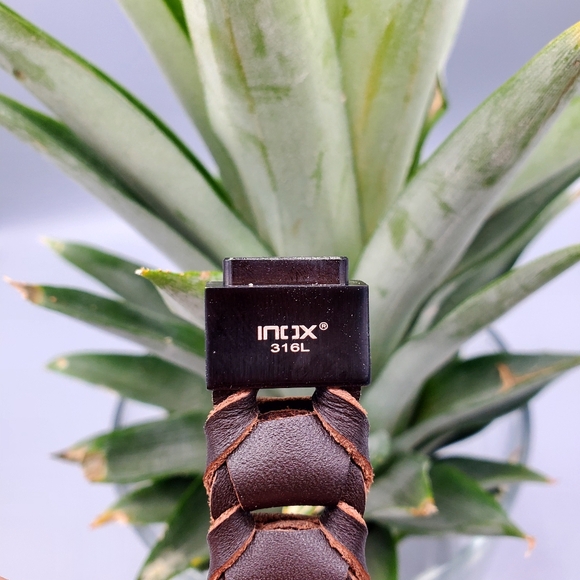 Inox 316 L Dark Brown Leather Mens Bracelet Metal Buckle - Picture 3 of 10